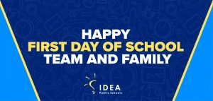 Happy First Day of School Team & Family! on blue background
