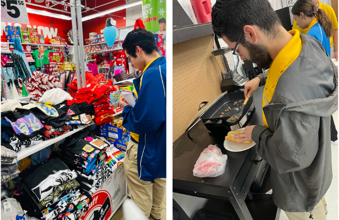 left - student shopping for t-shirts, right - student preparing a meal in a classroom kitchen