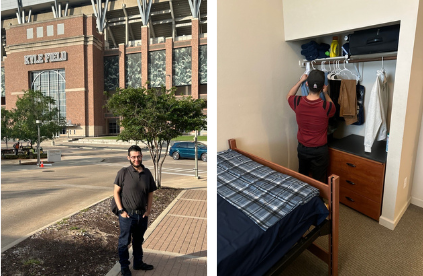 left - student posing in front of Kyle Field football stadium, right - student organizing his dorm room closet